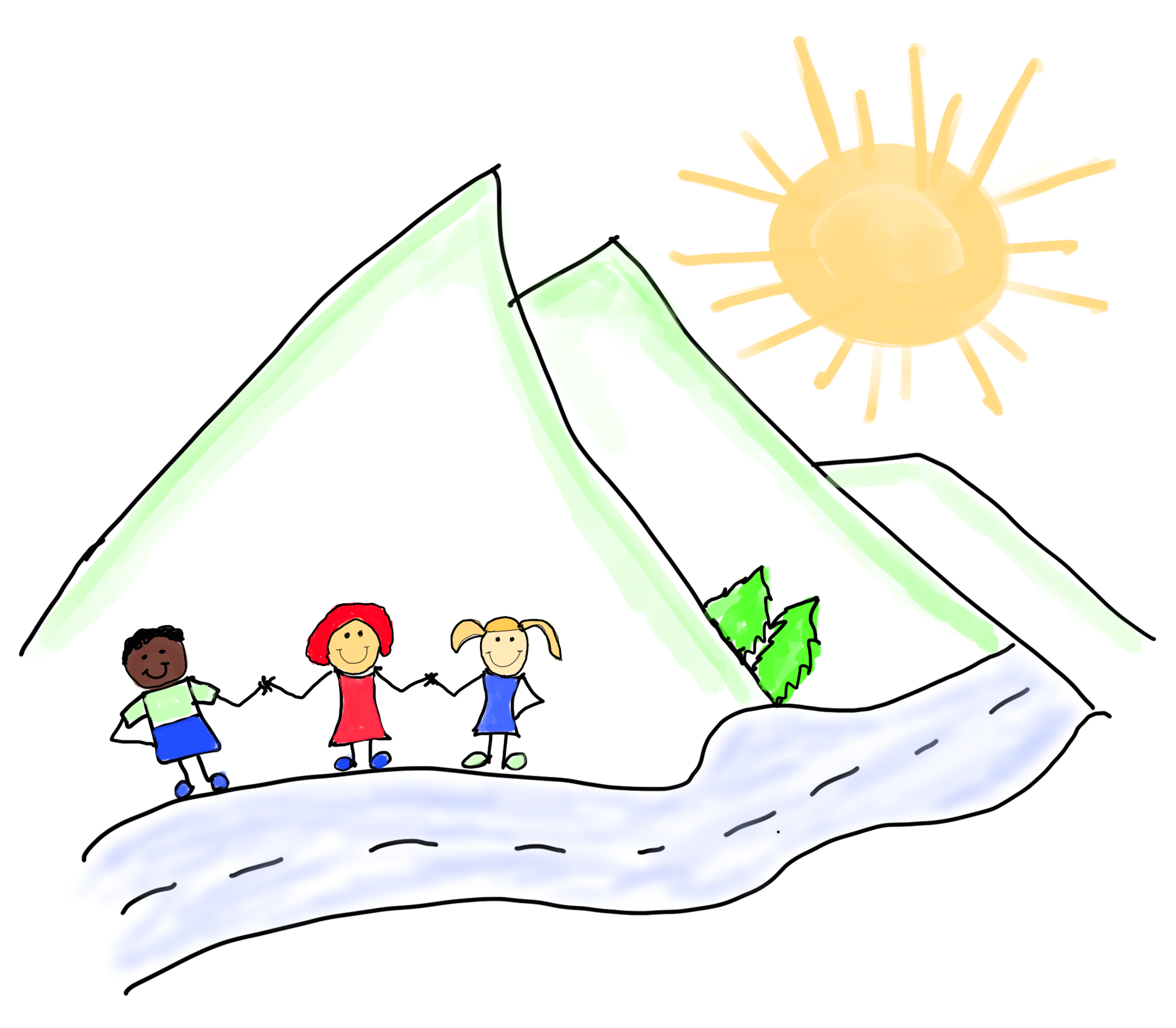 Mountains with 3 kids walking the path