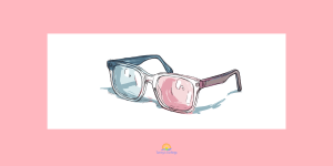 Minimalist illustration of glasses with one clear lens and one tinted lens that distorts vision, symbolizing bias in parenting advice, on a white background.
