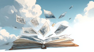 An illustrated open photo album with loose photos floating upward into a bright sky, symbolizing how shared family images can drift beyond private control.