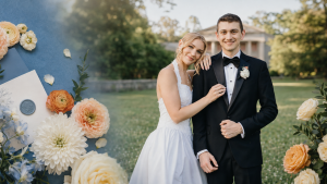 Bride and groom standing together outdoors on their wedding day, framed by peach, white, and blue flowers and wedding stationery.