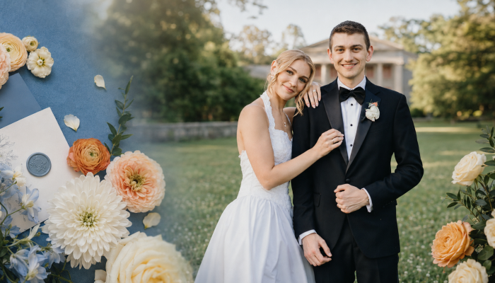 Bride and groom standing together outdoors on their wedding day, framed by peach, white, and blue flowers and wedding stationery.