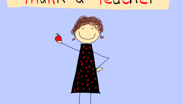 Female teacher stick figure with black and red dress