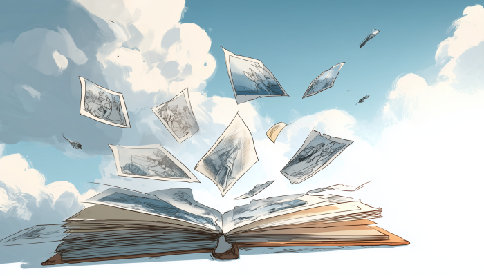 An illustrated open photo album with loose photos floating upward into a bright sky, symbolizing how shared family images can drift beyond private control.